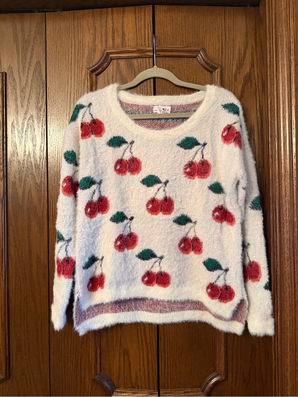 Shrinking Violet Cream Fuzzy Scoop Neck Cherry Sweater size S